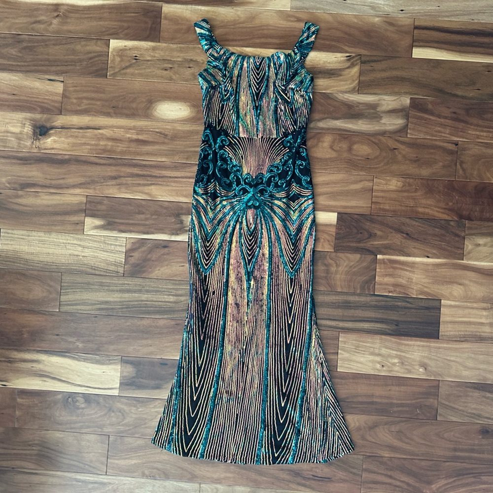 Gatsby Inspired Teal & Black - Elegant Sequined Evening Gown